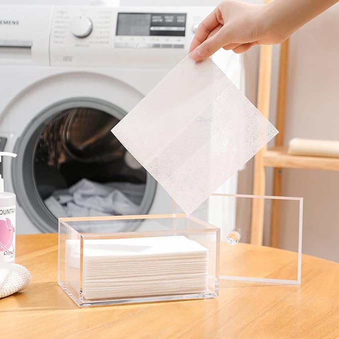 rejomiik Clear Dryer Sheet Holder Thick Acrylic Dryer Sheet Dispenser Container with Lid for Fabric Softener Sheets, Dryer Balls, Laundry pods, Clothes Pins, Laundry Room