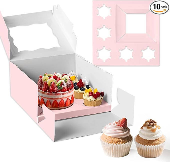 CHENZEM 10 Packs Bento Cake and Cupcake Box 3 Holes Fit 2 Cupcakes and 1 Mini Cake Box with Clear Window and Stickers for Father ‘s Day Birthday Party Bakery Baking Supplies. (1+2/10pcs)