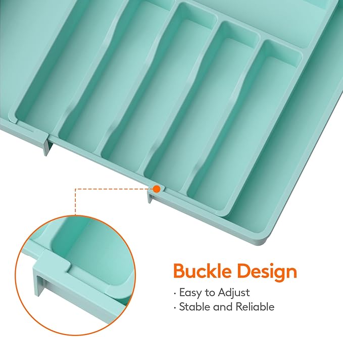 Lifewit Silverware Drawer Organizer, Expandable Utensil Tray for Kitchen, BPA Free Flatware and Cutlery Holder, Adjustable Plastic Storage for Spoons Forks Knives, 13-22 x 15", Turquoise
