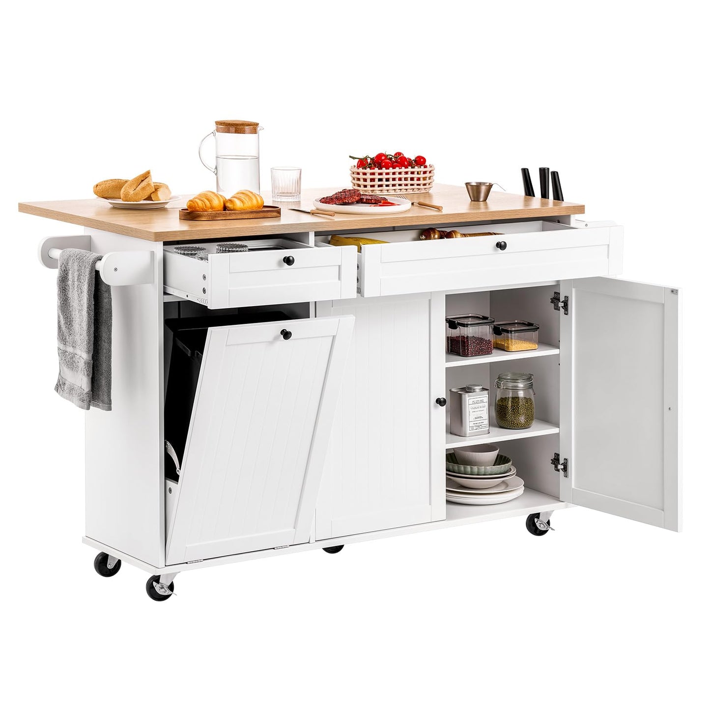 VEVOR Kitchen Island Cart with Single Door Cabinet, Mobile Carts with Drawer, Towel Rack, Hooks, Portable Table on Swivel Wheels, Small Coffee Islands Microwave Stand for Dining Room, 18x23 in, White