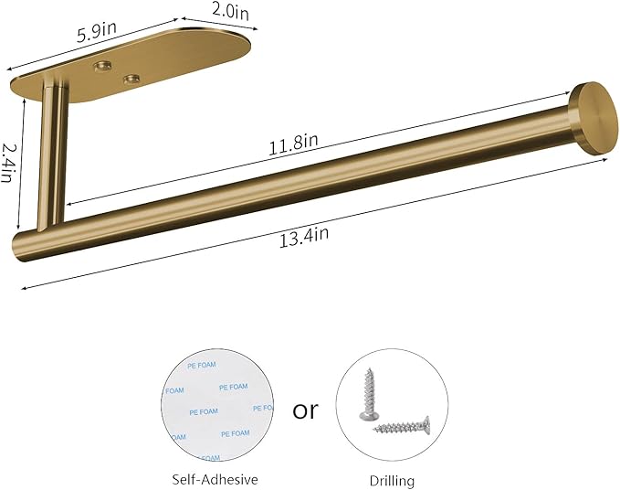 VAEHOLD Adhesive Paper Towel Holder Under Cabinet Wall Mount for Kitchen Paper Towel, Paper Towel Roll Holder Stick to Wall, Stainless Steel (Gold)