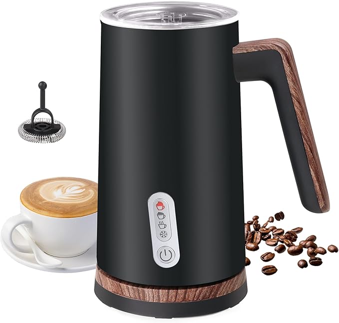 Electric Milk Frother and Steamer, 4-in-1 Milk Steamer with Wood Elements Design, Automatic Hot & Cold Foam Maker for Latte, Cappuccinos, Macchiato, Milk Warmer, Black (white)