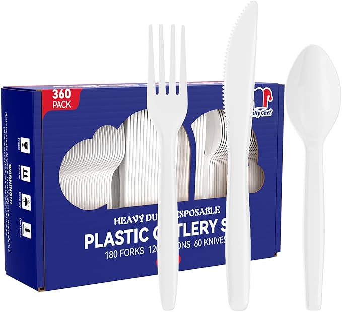 JOLLY CHEF 300 Count Clear Plastic Silverware, 100 Forks, 100 Spoons, 100 Knives, Heavy Duty Disposable Plastic Cutlery Set, Plasticware Bulk, Premium Clear Utensils for Party, Christmas