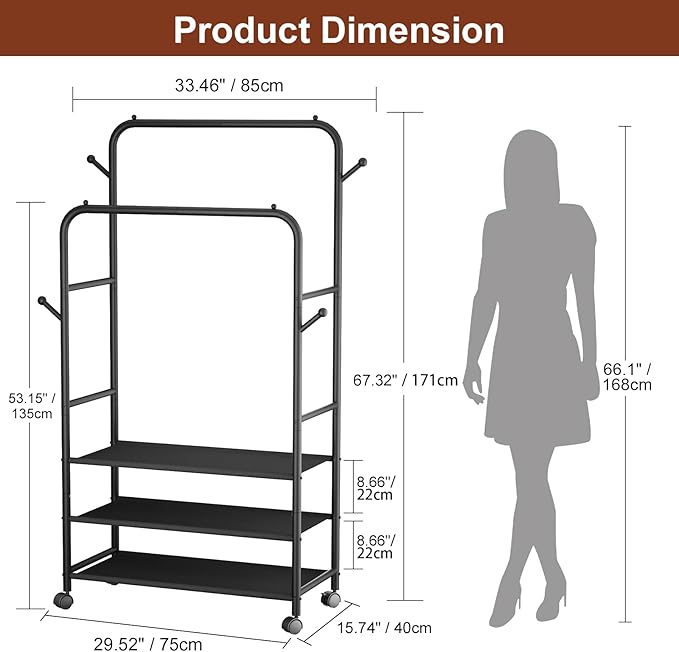 Furologee Clothes Racks for Hanging Clothes, Portable Rolling Garment Rack, Sturdy Metal Freestanding Cloths Racks with Wheels, Double Rods Wardrobe Rack for Bedroom Laundry Living Room