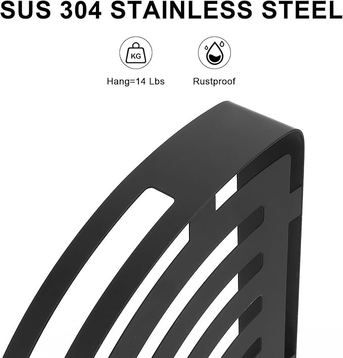 NearMoon Bathroom Corner Shelf Shower Caddy 2 Pack, No Drill 304 Stainless Steel Shower Organizer with 2 Hooks (Matte Black)