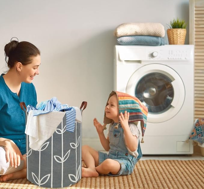 HIYAGON Large Storage Baskets,Waterproof Laundry Baskets,Collapsible Canvas Basket for Storage Bin for Kids Room,Toy Organizer,Home Decor,Baby Hamper (Grey leaves)