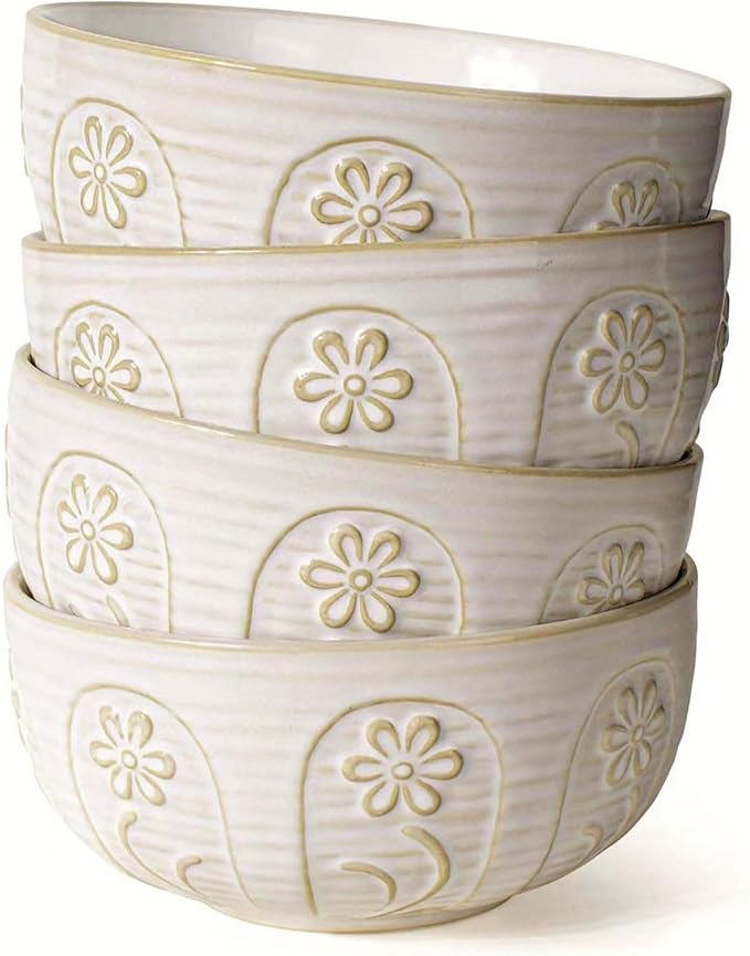 Artena Small Bowls Set of 4, 12 oz Ceramic Embossment Dessert Bowls, white Bowl for Kitchen, Ice Cream, Side Dishes, Rice, Cereal, Fruit, 4.5 Inch, Microwave & Dishwasher Safe, Wheat Leaf