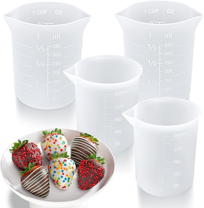 Palksky Silicone Chocolate Melting Cup Set with 4 Silicone Measuring Cups (250ml & 350ml) and 4PCS Heat-Resistant Jar Spatulas, Non-Stick Baking Tools for DIY Chocolate, Butter & Cream Mixing
