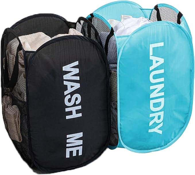 2Pack Mesh Pop Up Laundry Hamper, Foldable Laundry Basket with Side Pocket for Bedroom, Laundry Room, Travel, Cruise (Black+Blue)