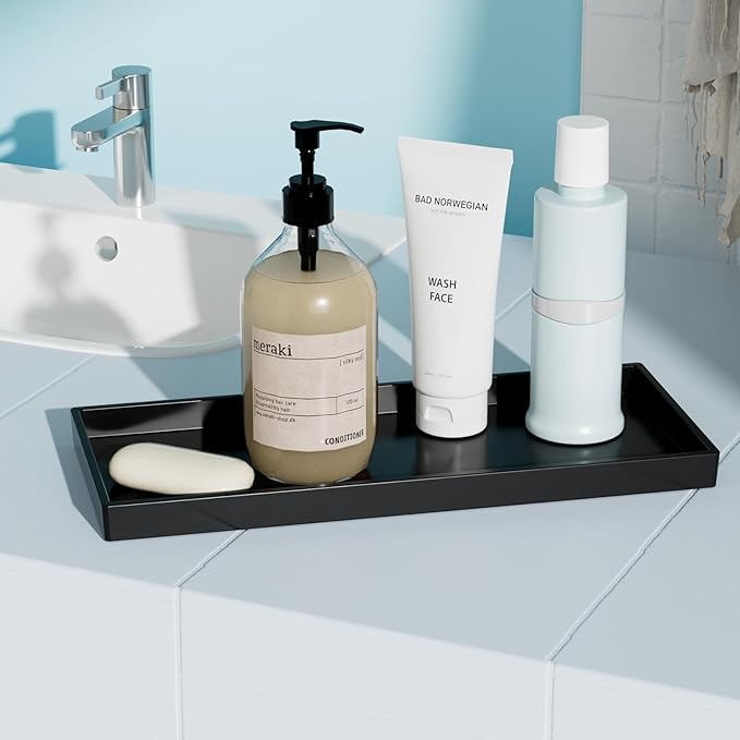 Vanity and Bathroom Tray, 11.8" ABS Countertop Organizer,Waterproof Vanity Tray for Toilet Tank,Perfume,Soap,Keys,Bathroom Accessories,Kitchen and Bath Trays,Non Slip Small Trays,Black