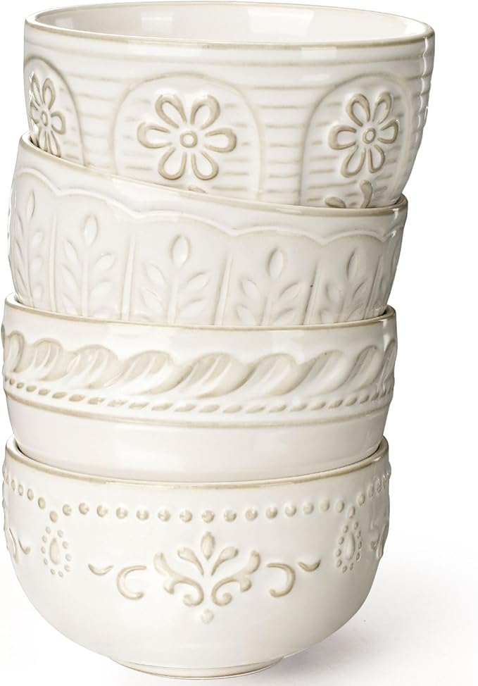 Artena Small Bowls Set of 4, 12 oz Ceramic Embossment Dessert Bowls, white Bowl for Kitchen, Ice Cream, Side Dishes, Rice, Cereal, Fruit, 4.5 Inch, Microwave & Dishwasher Safe, Wheat Leaf