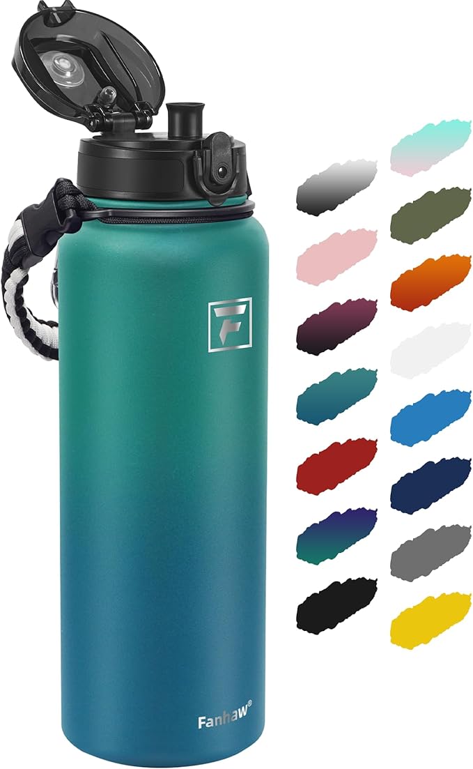 Fanhaw 40 oz Insulated Stainless Steel Water Bottle with Chug Lid, Leakproof & Sweat-Free Extra-Large Metal Bottle for Outdoor, Hiking & Gym (Green Blue)