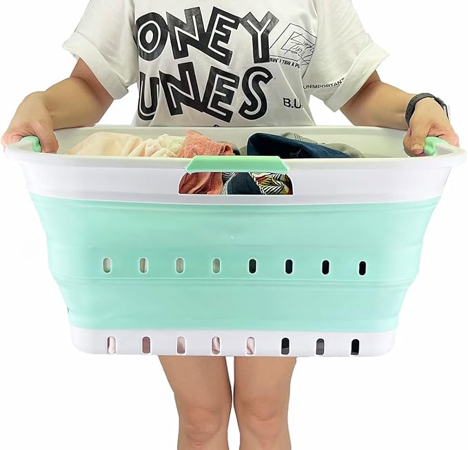 SAMMART 42L (11 gallon) Collapsible Plastic Laundry Basket - Foldable Pop Up Storage Container/Organizer - Portable Washing Tub - Space Saving Hamper/Basket (White/Pale Jade)