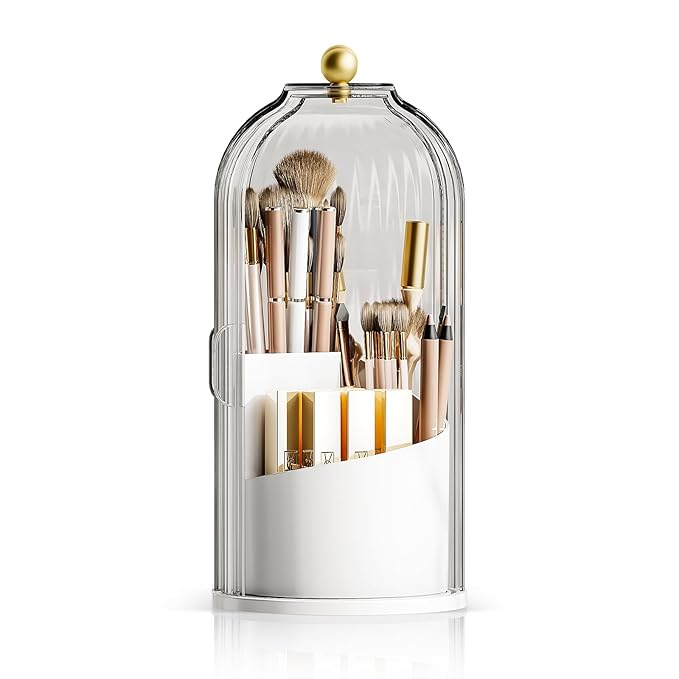Makeup Brush Holder Organizer, 360 Rotating Makeup Brush Organizer Cosmetics Make up Brush Organizer for Vanity, Waterproof Dustproof Makup Brush Storage for Bathroom Countertop, White-Clear