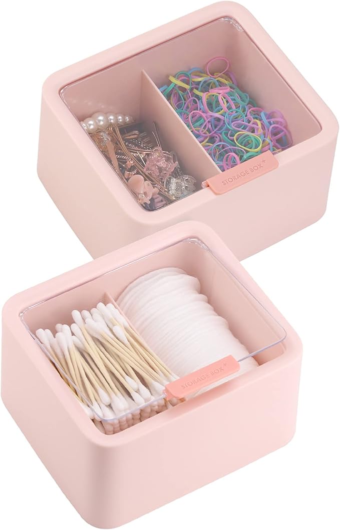 Tecbeauty 2pcs Qtips Holder Dispenser Cotton Swabs Storage Organizer Plastic Bathroom Canisters with Hinged Lids, Divide 2 Grids