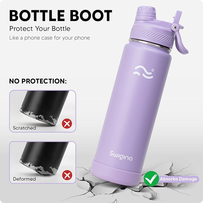 [2-IN-1 LID] Insulated Water Bottle with Silicone Boot (36hrs Cold/18hrs Hot) - DIY Stickers, Leakproof, BPA Free, 24 oz