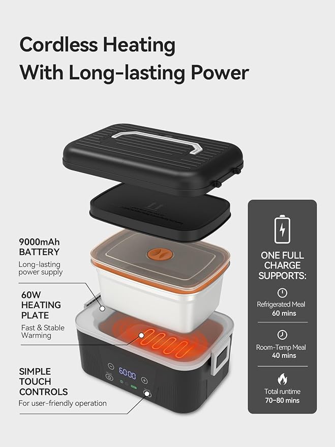Cordless Heated Lunch Box: 1.4L Electric Lunch Box With Battery Powered, Custom Heating Time and Preset Heating Function for Adult - Portable Food Warmer for Office, Travel, Outdoor