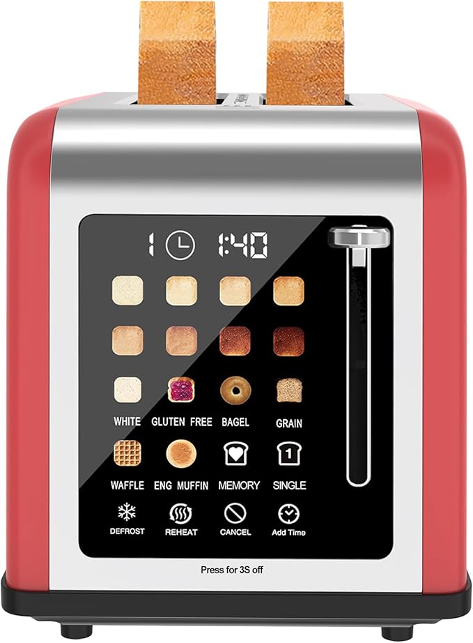 2 Slice Toaster Touch Screen, Stainless Steel Toasters Digital Timer 2 Slot Toasters, 8 Shade Settings 6 Bread Types for Bagel, Cancel, Defrost (Grey)