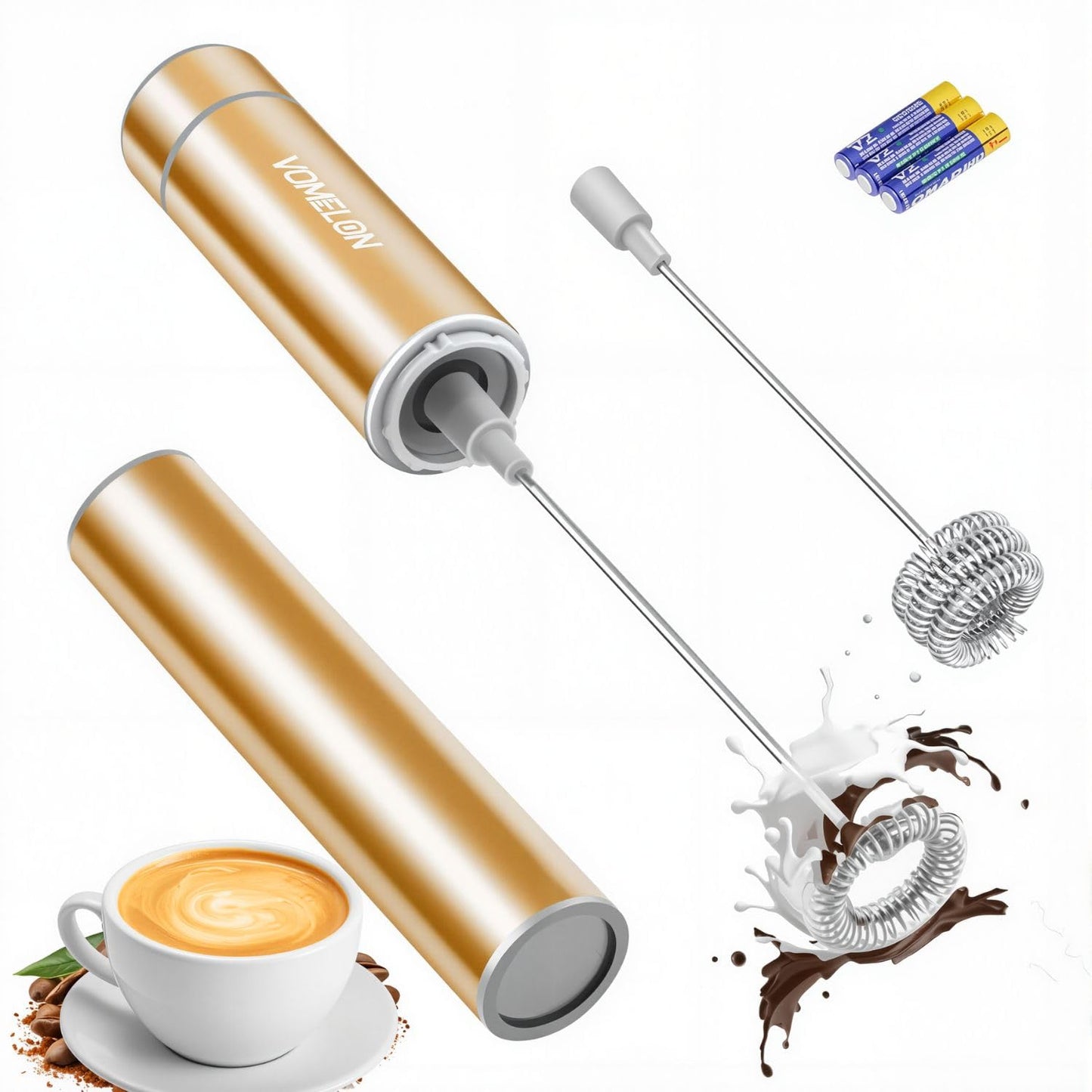 Electric Milk Frother Handheld,Travel Coffee Drink Mixer Batteries Included, 304 Stainless Steel Whisk for latte Cappuccino,Bulletproof Coffee Hot Chocolate,Egg White