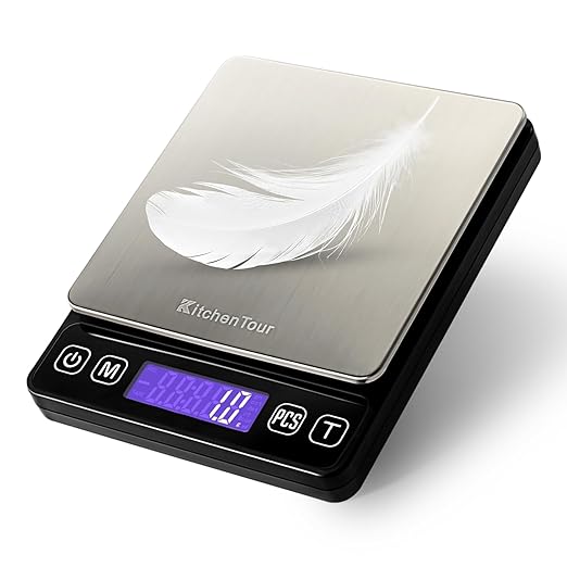 KitchenTour Mini Gram Scale for Coffee, Jewelry and Small Items, 500g x 0.01g Digital Pocket Scale with Tare, 6 Units, Back-Lit LCD, 2 Trays, Black