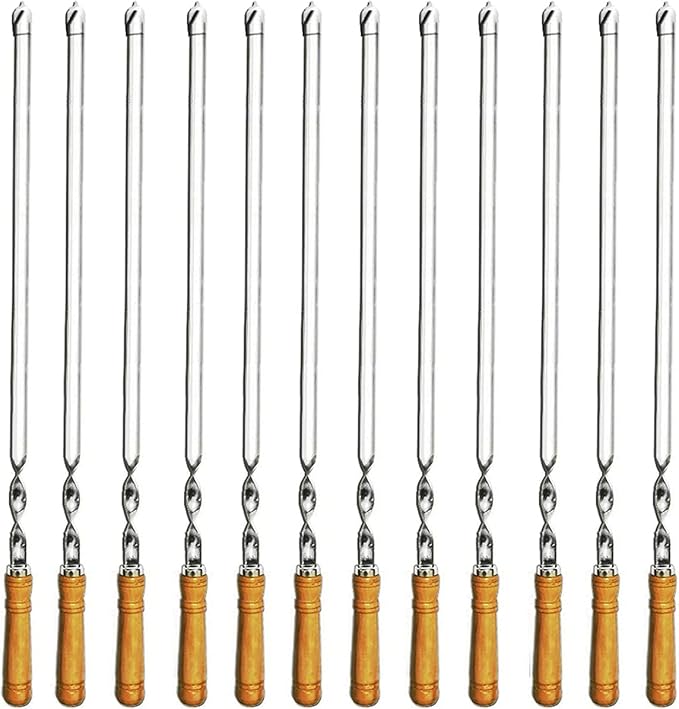 Amestar 12 Pack Kabob Skewers BBQ Barbecue Skewers Stainless Steel Sticks 23.5 Inch Heavy Duty Large Wide Reusable with Nonslip Wooden Handle Ideal for Shish Kebab Chicken Shrimp and Vegetables