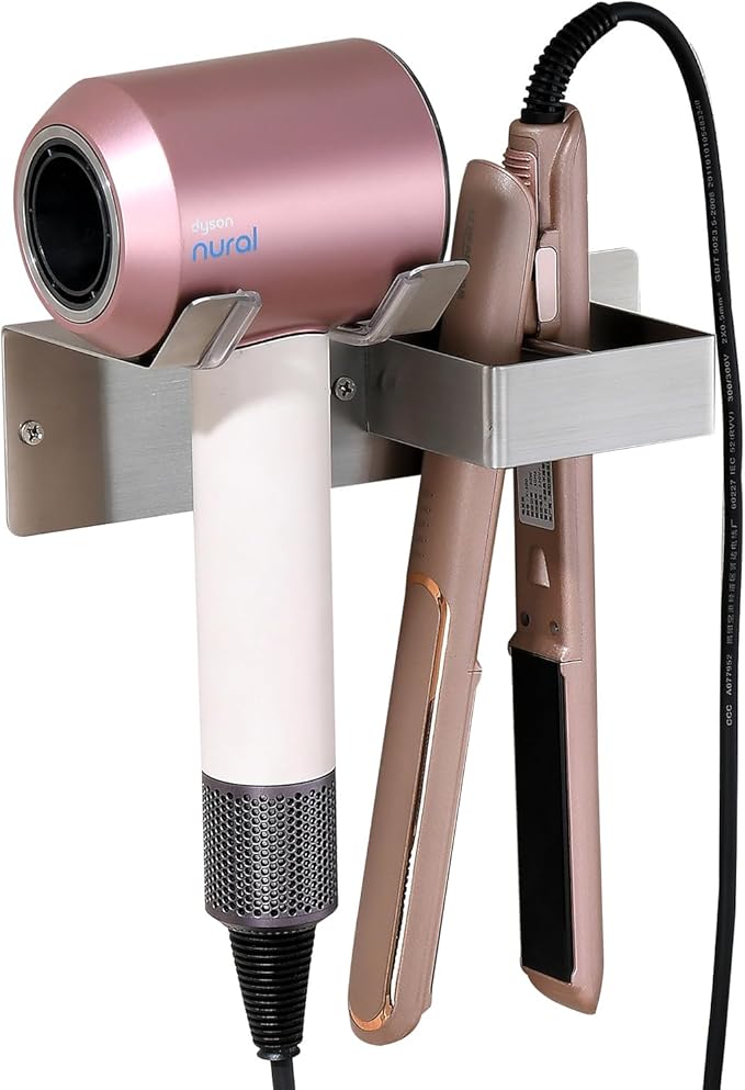 Hair Dryer Holder Wall Mounted, Stainless Steel Blow Dryer Holder for Bathroom, Hair Dryer and Straightener Holder Adhesive or Drilling, Hair Tool Organizer for Salon Barber Shops Banjekt