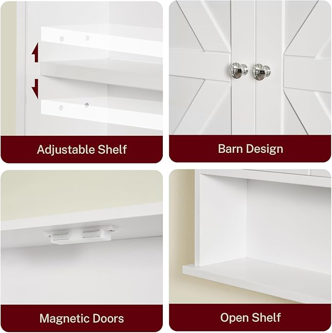 TEENFON Bathroom Wall Cabinet, Over The Toilet Space Saver Storage with Barn Doors & Adjustable Shelf, Hanging Medicine Cabinet, White 7.1" D x 15.4" W x 19.3" H