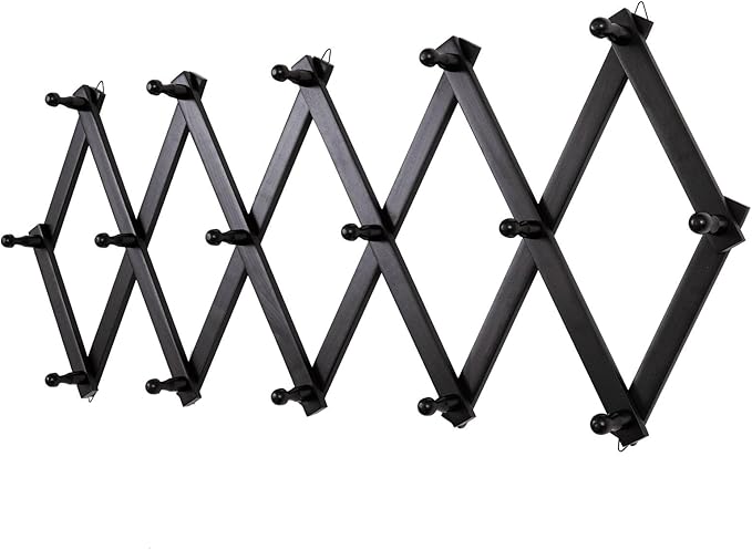 Accordion Wall Hanger with 16 Hooks, Wooden Wall Expandable Coat Rack for Coat, Hats, Baseball Caps, Coffee Mug, Jewelry(Black)