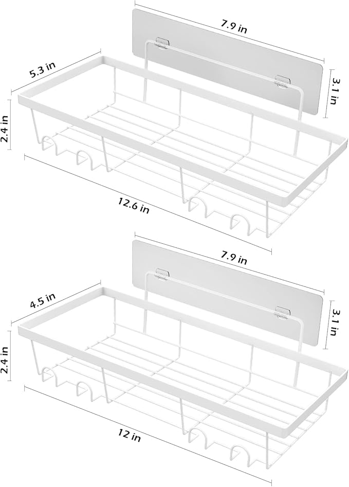 2 Pack Adhesive White Shower Caddy Organizer with Hooks, Rustproof No Drilling Wall Mounted Storage Shelf Rack for Inside Shower/Bathroom/Kitchen
