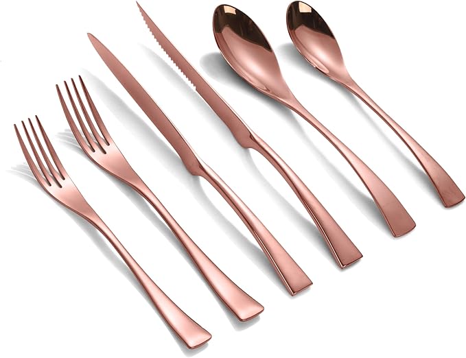 Lemeya 24-Pieces Black Silverware Set with Steak Knives,Heavy Duty 18/10 Stainless Steel Flatware Set for 4,Modern Cutlery with Forged Stand Knives,Mirror Polished,Dishwasher Safe