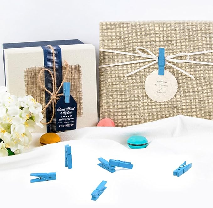 1.35 Inch Mini Clothes Pins for Photo100 Pcs with 32 Feet Jute Twine, Mini Clothes Pins for Crafts, Wooden Small Clothespins for Pictures, Tiny Decorative Clothespins for Baby Shower (Blue)