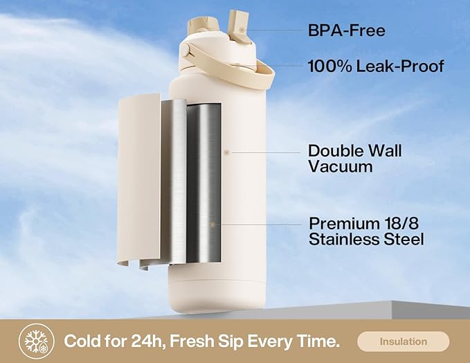 POWCAN 40 oz Insulated Water Bottle with 2-in-1 Straw and Spout Lid, Keep Cold 24H, Leak-Proof, BPA-Free, Double Wall Stainless Steel Water Bottle for Sports, Gym, Travel, and School (Mousse)