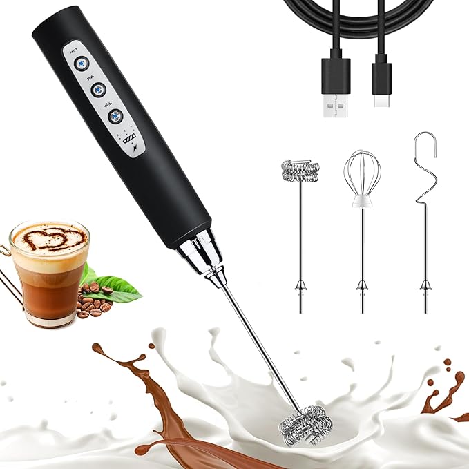 Nahida Beige Milk Frother Wand for Coffee, Frother Handheld Rechargeable Electric Whisk with 3 Heads 3 Speeds Drink Mixer Coffee Frother Foam Maker For Latte, Cappuccino, Hot Chocolate, Egg