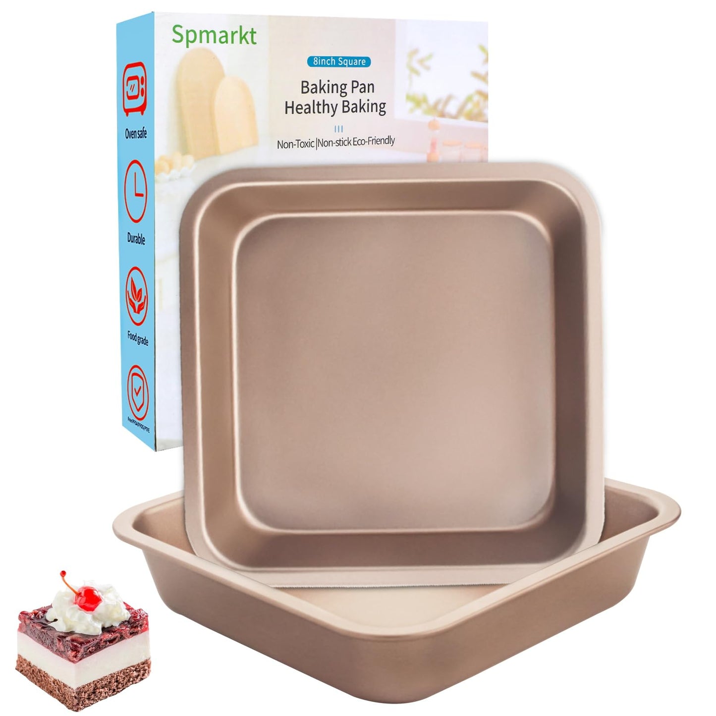 Spmarkt 2-Pack 8 inch Square Baking Pan, Non-Stick Square Cake Pan for Cakes Lasagna Brownies, 8x8 Baking Pan, Even Heating, Easy to Clean, Light Blue