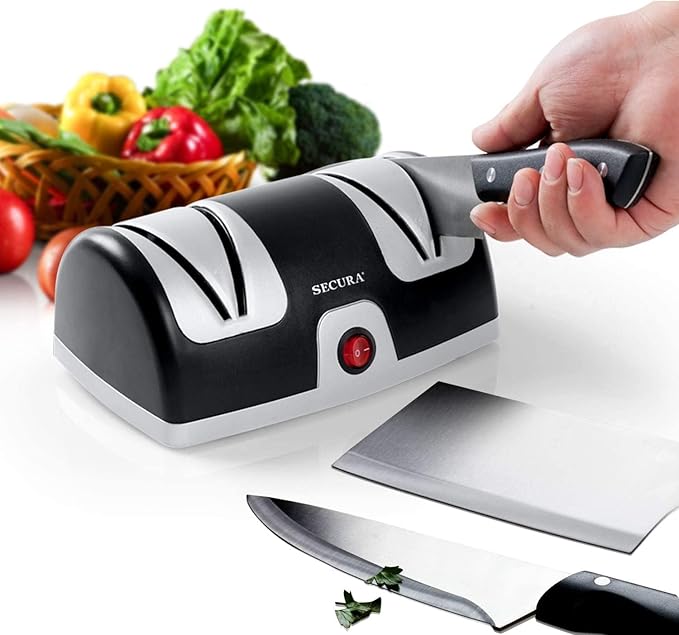 Secura 3-Stage Electric Knife Sharpener with Diamond Abrasives and Precision Angle Guides, Professional Sharpening Tool for Kitchen Straight Edge and Ceramic Knife, Black