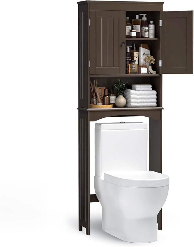 Bealife Over The Toilet Storage Cabinet with Open Shelf, Over Toilet Bathroom Organizer with Adjustable Shelf and Double Doors, Over The Toilet Storage Shelf Free Standing for Bathroom - Espresso