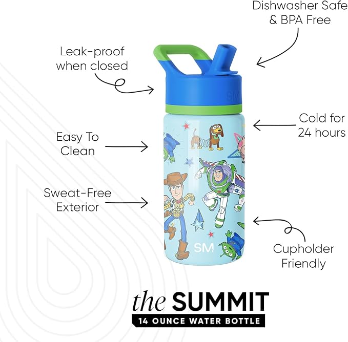 Simple Modern Kids Summit Water Bottle with Straw Lid | Disney Toy Story 14oz Stainless Steel Cup Insulated Tumbler for Boys, Girls, School | Buzz and Woody Adventures