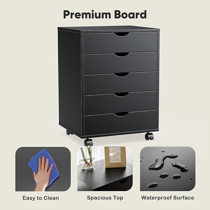 OLIXIS 5 Drawer Mobile File Cabinet Under Desk Storage Organization with Wheels Vertical Filing Chest Rolling Wood Small Desk Printer Stand for Home Office, 15.75"D x 18.74"W x 25.39"H, Black