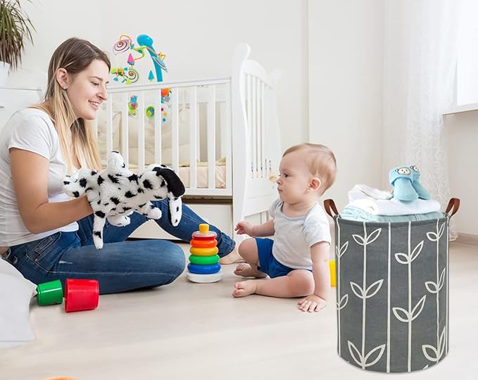 HIYAGON Large Storage Baskets,Waterproof Laundry Baskets,Collapsible Canvas Basket for Storage Bin for Kids Room,Toy Organizer,Home Decor,Baby Hamper (Grey leaves)