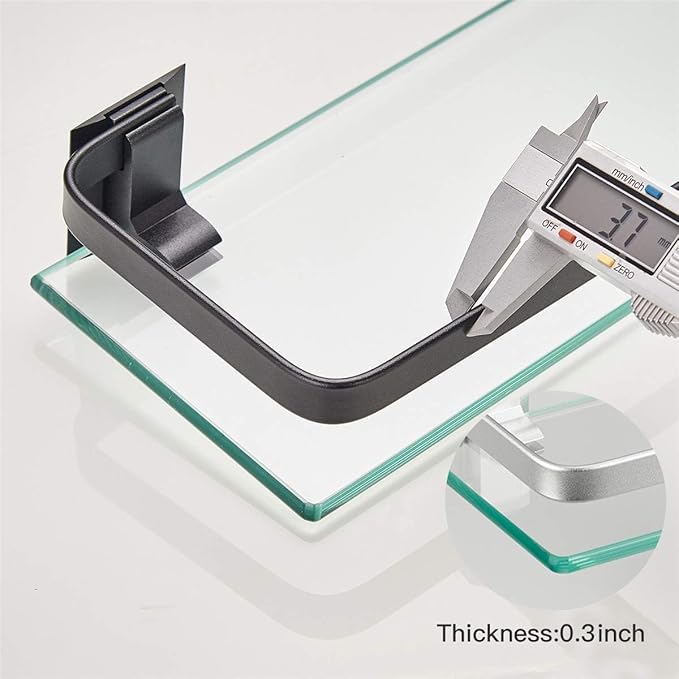 VOLPONE Bathroom Wall Shelf 15.7in Bathroom Glass Shelves Wall Mount Glass Shelf Rustproof Bathroom Wall Organizer 3 Tier (Black)