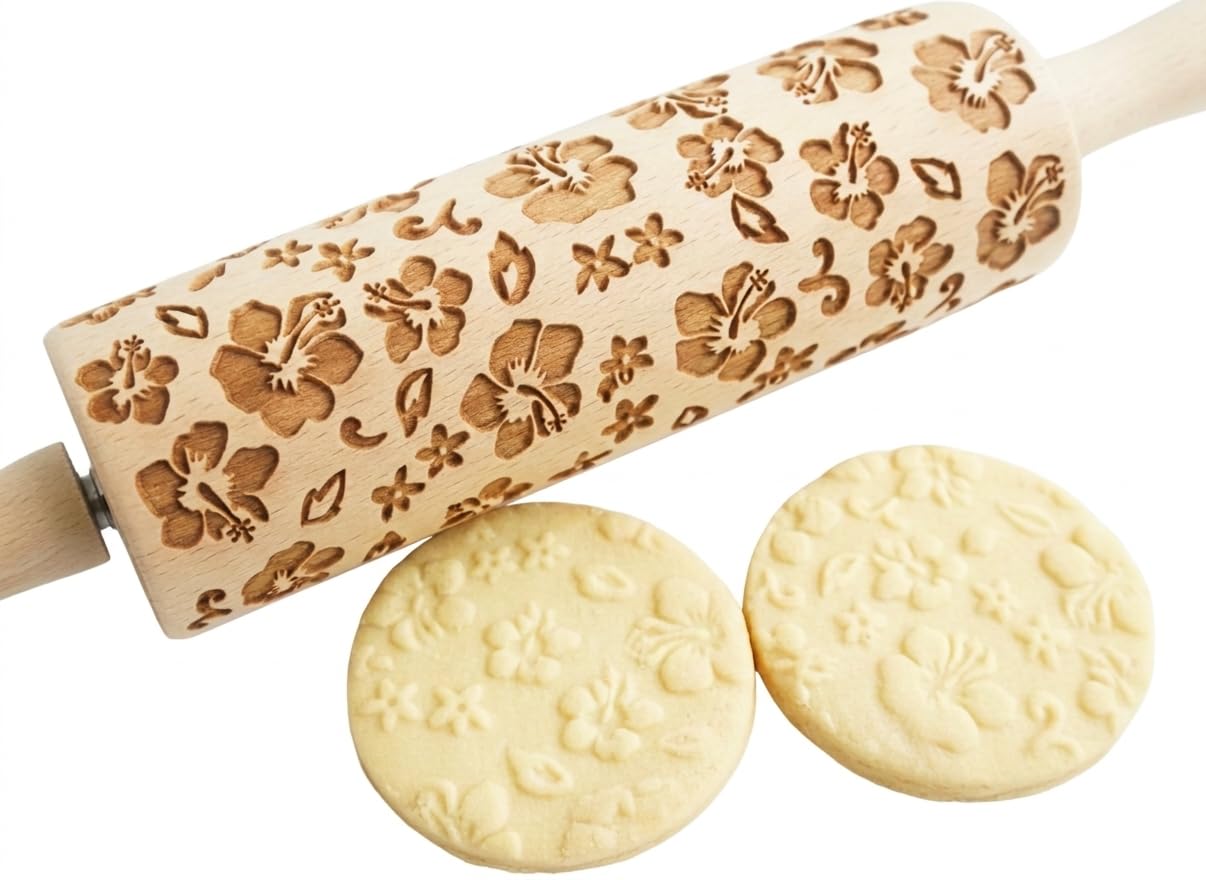 Rolling pin FLOWERS. Wooden embossing rolling pin with Oriental flowers. Embossed cookies. Pottery. Birthday gift. Gift for mother