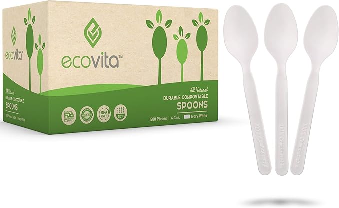 Ecovita 100% Compostable Spoons - 140 Large Disposable Utensils (6.3 in.) Eco Friendly Durable and Heat Resistant Alternative to Plastic Spoons with Convenient Tray