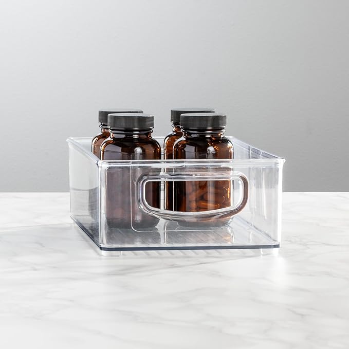mDesign Plastic Bathroom Storage Container Bins w/ Handles - Closet, Cabinet, Vanity, Cupboard Shelf Organization, Hair Tools Accessory Organizer - Ligne Collection; Clear, 10x6x3 (Pack of 4)