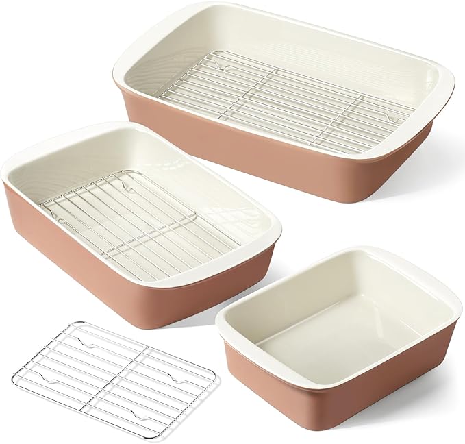 LE TAUCI Ceramic Casserole Dishes for Oven with 304 Racks, Set of 3, Oat