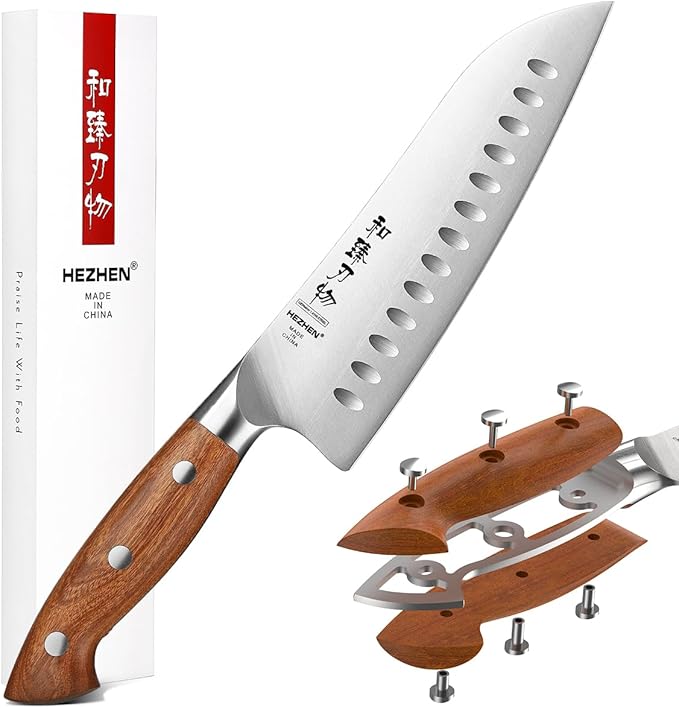 HEZHEN 8 PCS Kitchen Knife Block Set, German DIN 1.4116 Steel Knife Set with Block and Sharpener,Kitchen Shear, Ultra Sharp Blade,Red Wood Handle, Gift Packing