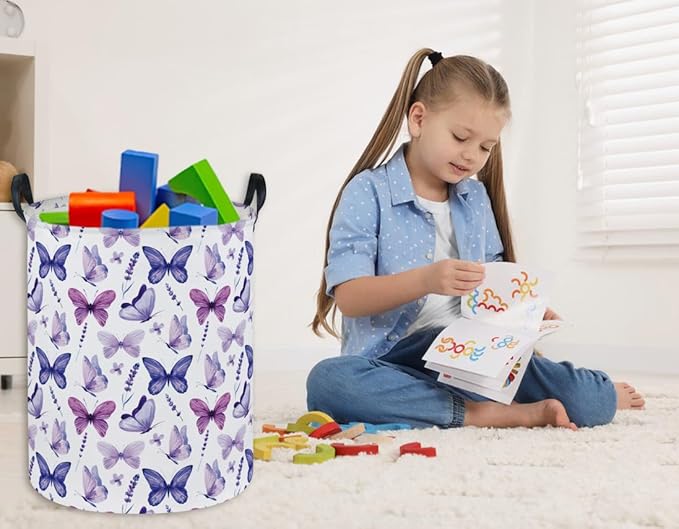 Butterfly Laundry Basket Kids Hamper for Nursery Boy and Girl Hamper Cute Kids Toys Storage Bin Organizer Room Decor for Home(Purple Butterfly)