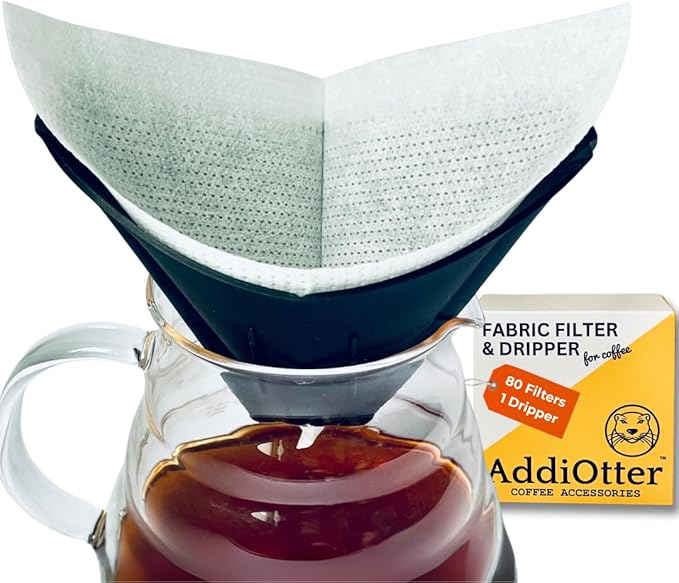 AddiOtter Pour-over Coffee Set for Home/Outdoor Adventures, Includes 80 Disposable Fabric Filters & 1 Dripper, Brew for 1-2 Cups, Enhanced Extraction Filters for Brewing Smooth & Flavorful Coffees