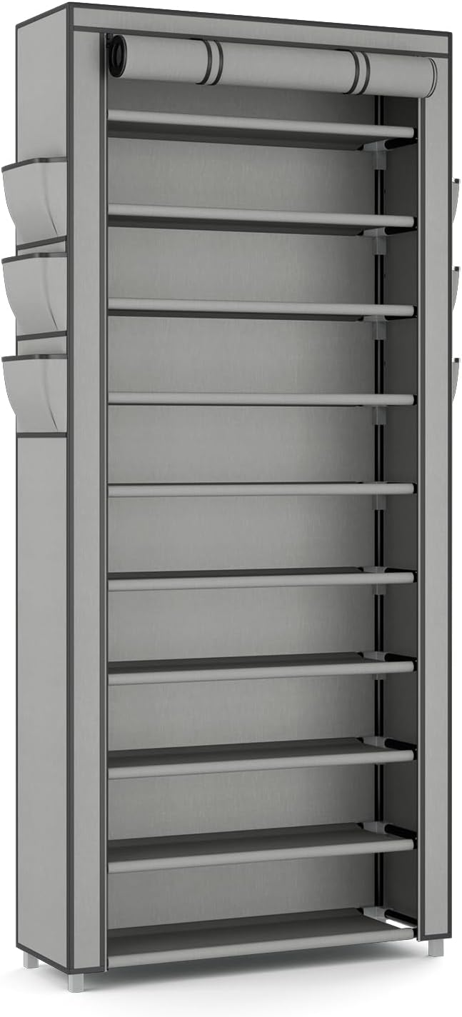 VTRIN Vertical Narrow Shoe Rack Organizer Tall Shoe Rack for Closet Entryway 10 Tier Non-Woven Cover Shoe Shelf Holds 36-41 Pairs Free Standing Shoe Storage Cabinet with Dustproof Cover, Grey