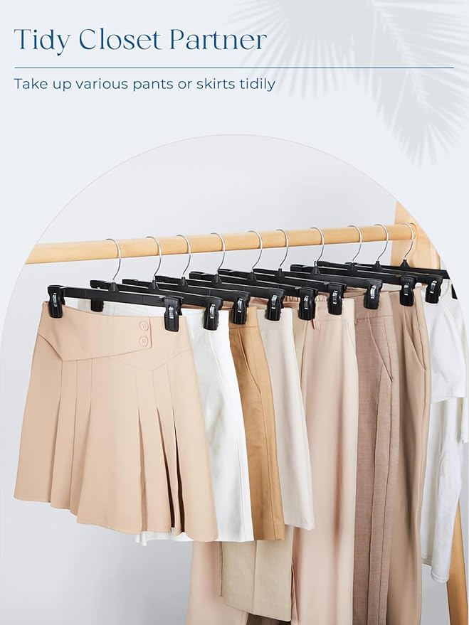 Smartor Space Saving Skirt Hangers - 150 Pack, Slim Plastic Pants and Shorts Hangers, Ridged Non-Slip with Pinch Clips, Black Clip Hanger for Women, 360-Rotating Chrome Swivel Hook, 14 Inches