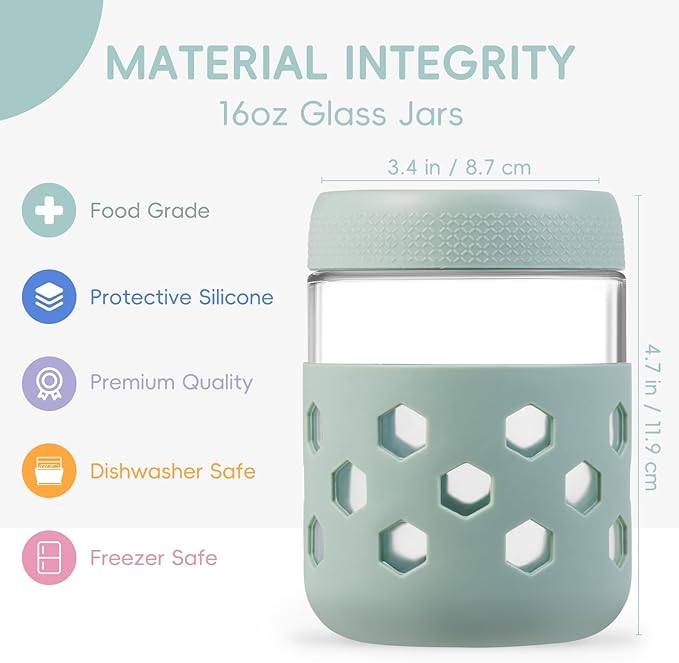 Gemice 6-Pack 16oz Glass Mason Jars with Silicone Sleeves, Airtight BPA-Free Overnight Oats Containers with Lids, Dishwasher Safe Leak-Proof Meal Prep Jars for Chia Pudding, Yogurt, Snacks